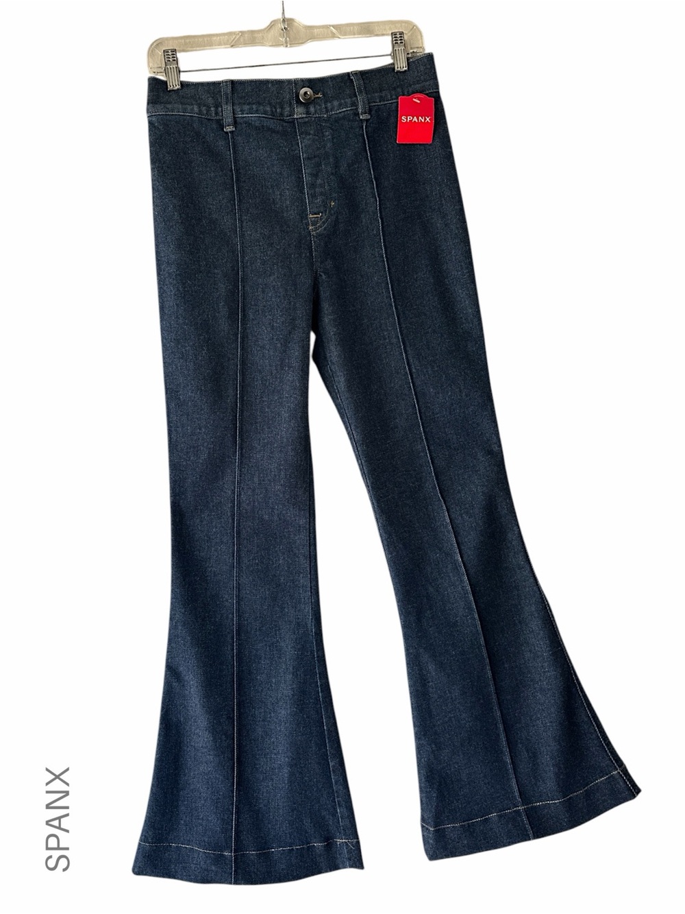 NWT SPANX PINTUCK FLARE JEANS RAW INDIGO SCULPTING HIGH RISE PULL-ON | MEDIUM
